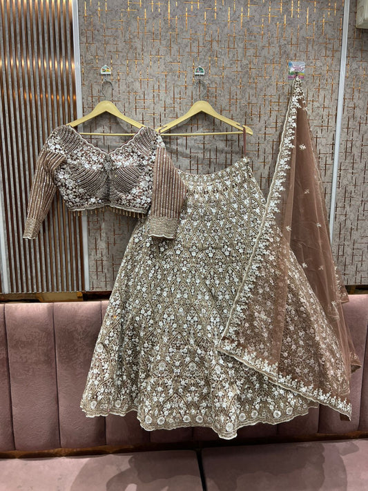 Glamorous beige golden peach Crop Top Lehengak