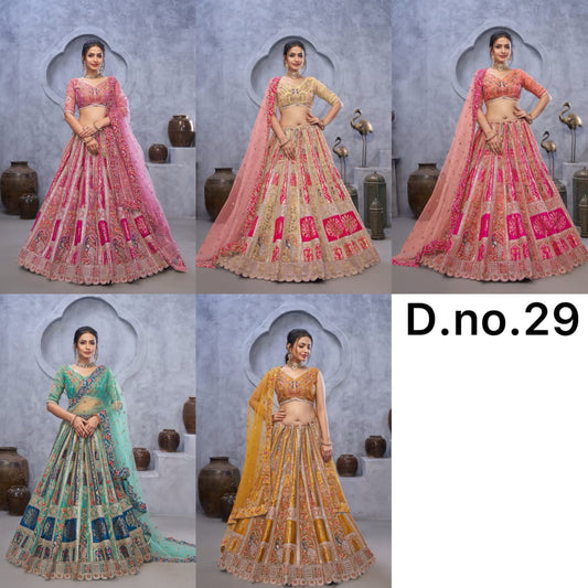 Eye Catching pink golden peach green Mehendi yellow Peacock Crop Top Lehenga