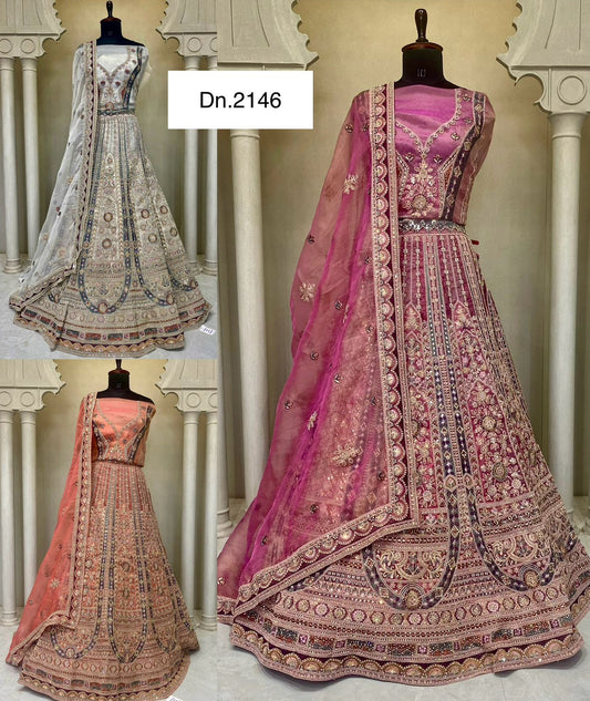 Majestic white pink Peach Lehenga
