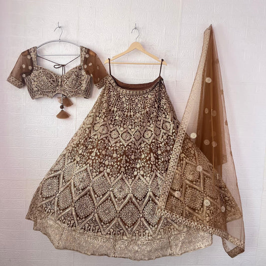 Astonishing Mustard brown Ready to wear Crop Top Lehenga