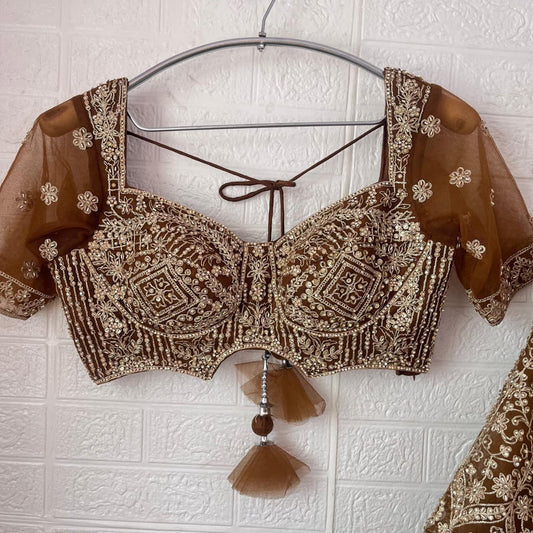 Astonishing Mustard brown Ready to wear Crop Top Lehenga