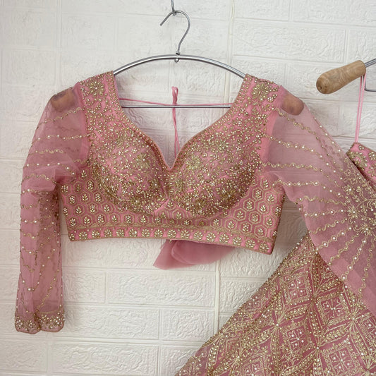 Glamorous Baby pink Ready to wear Crop Top Lehenga