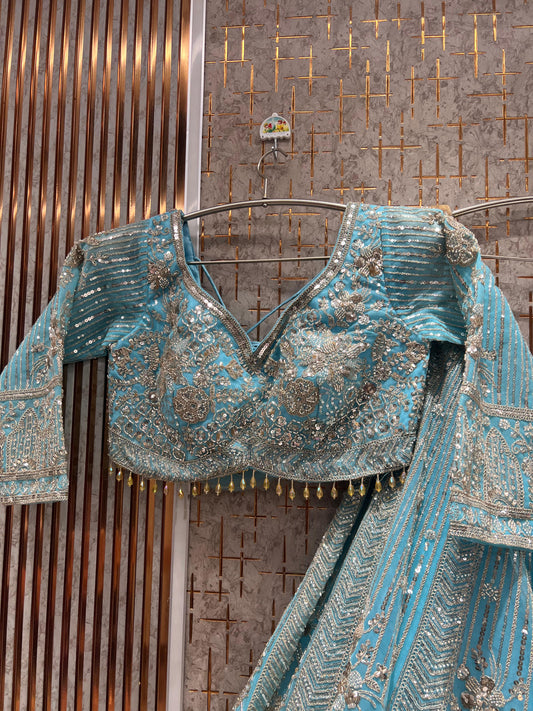 Engaging Sky blue Ready to wear crop top Lehengan