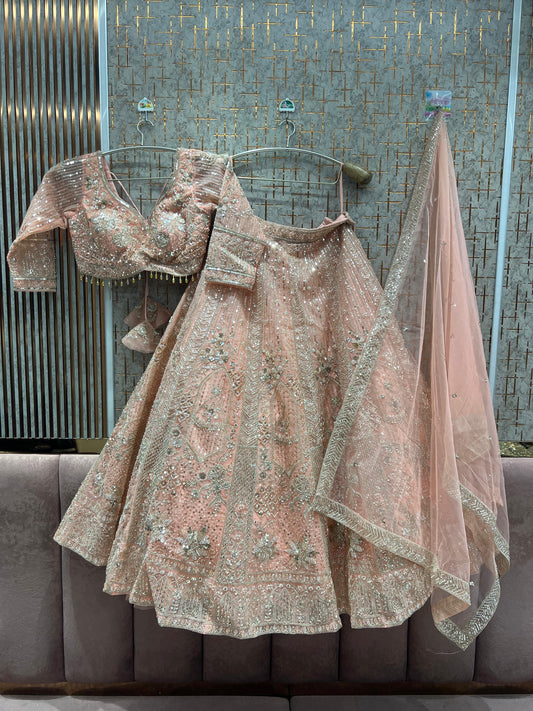 Elegant light peach pink Ready to wear crop top Lehenga