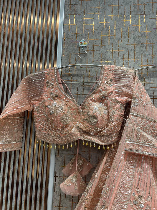 Elegant light peach pink Ready to wear crop top Lehenga