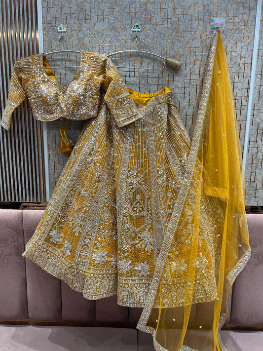 Astonishing Yellow Mustard haldi mehendi Ready to wear crop top Lehenga