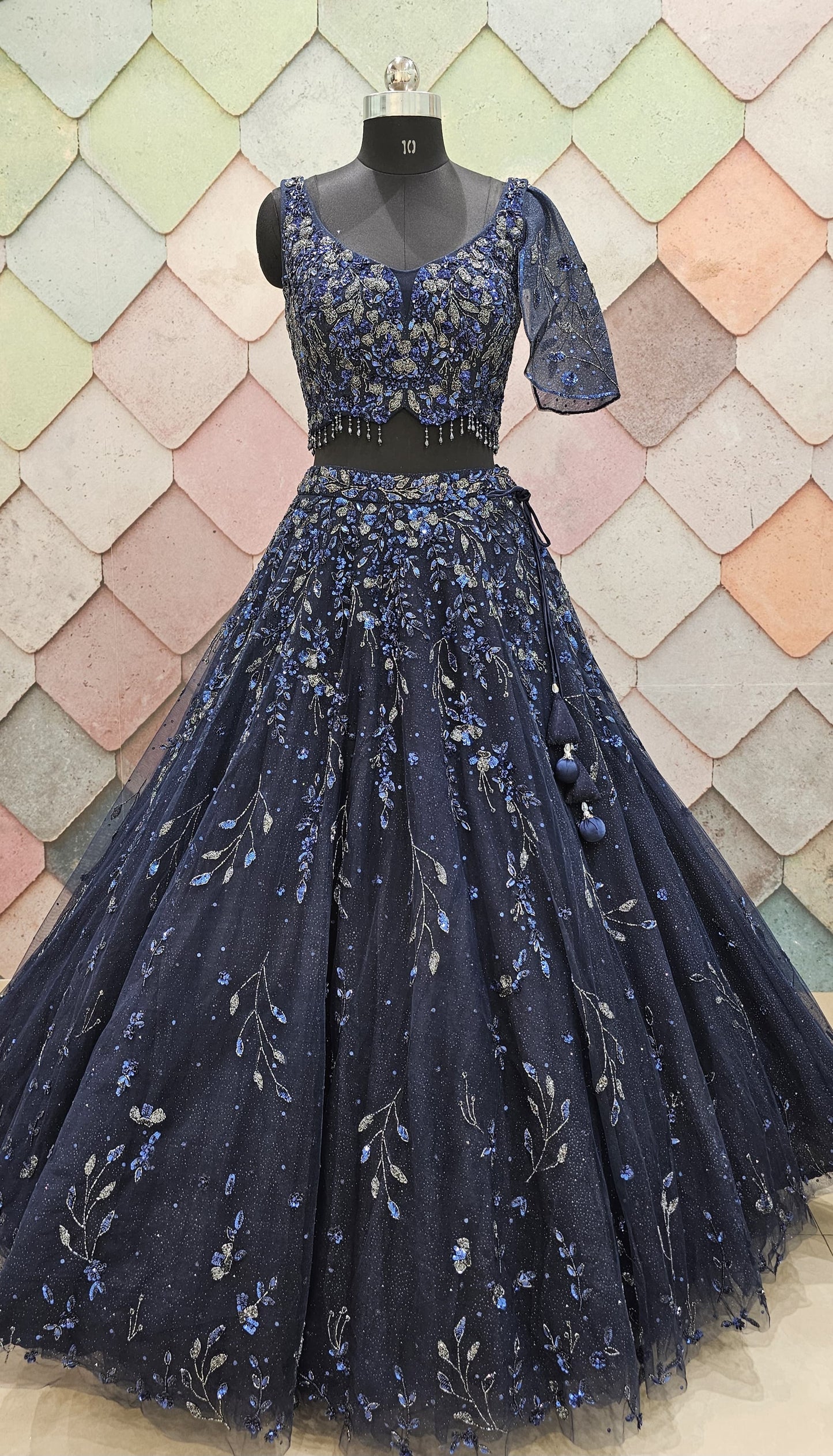EXQUISITE HANDWORK stunning lehnga choli crafted on net Dark blue Ready to Wear crop top Lehenga