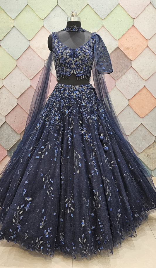 EXQUISITE HANDWORK stunning lehnga choli crafted on net Dark blue Ready to Wear crop top Lehenga
