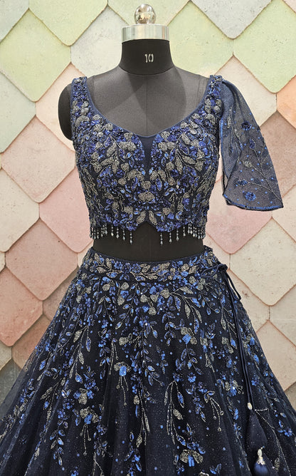 EXQUISITE HANDWORK stunning lehnga choli crafted on net Dark blue Ready to Wear crop top Lehenga
