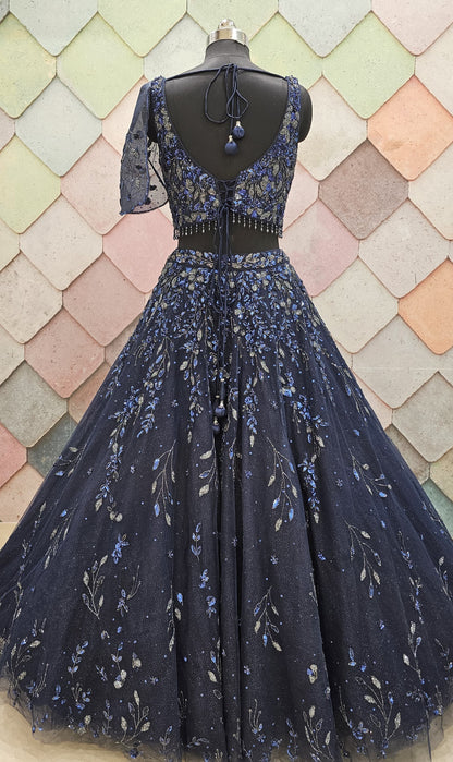 EXQUISITE HANDWORK stunning lehnga choli crafted on net Dark blue Ready to Wear crop top Lehenga