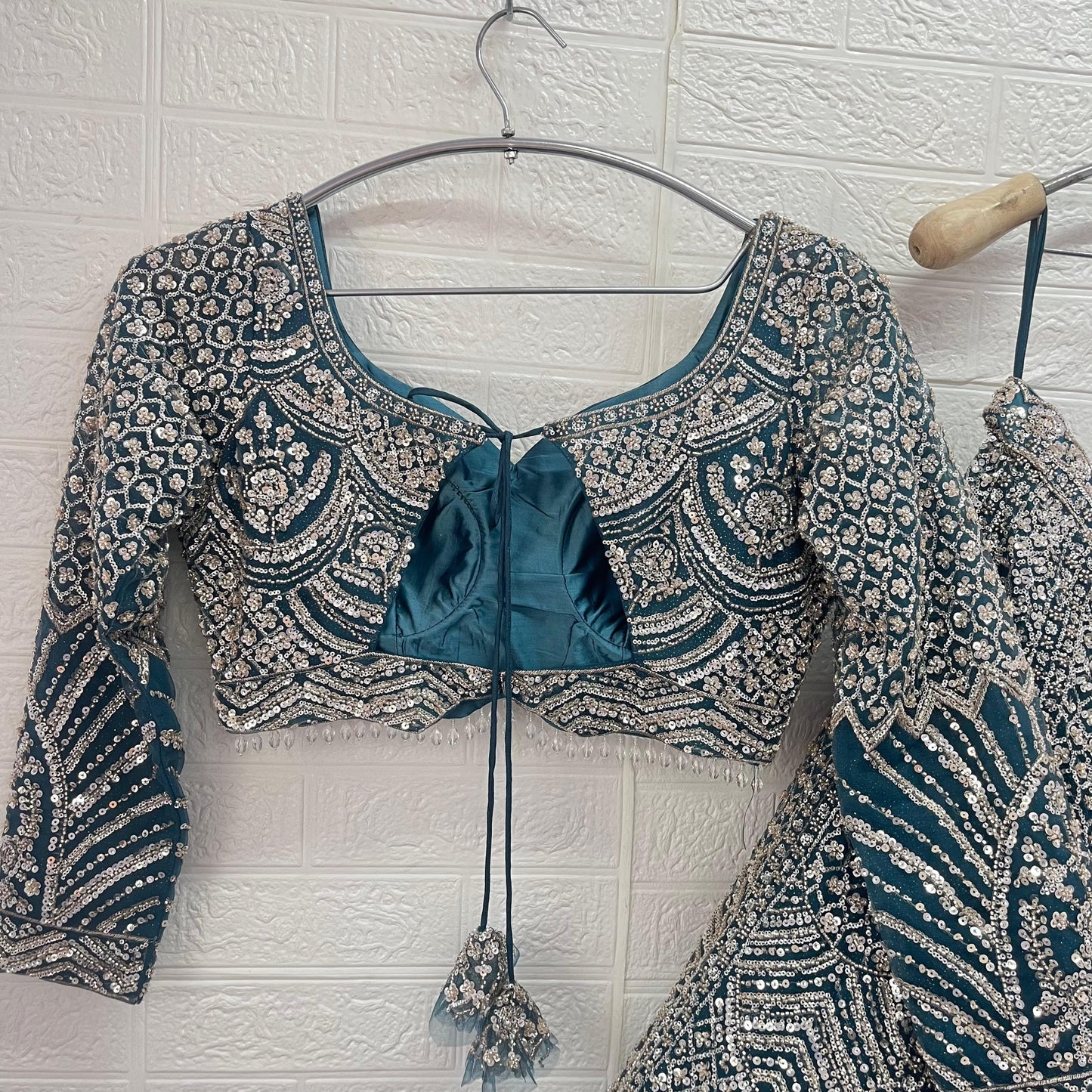 Embellished Beige golden Sky blue Baby pink Ready to wear Crop Top Lehenga