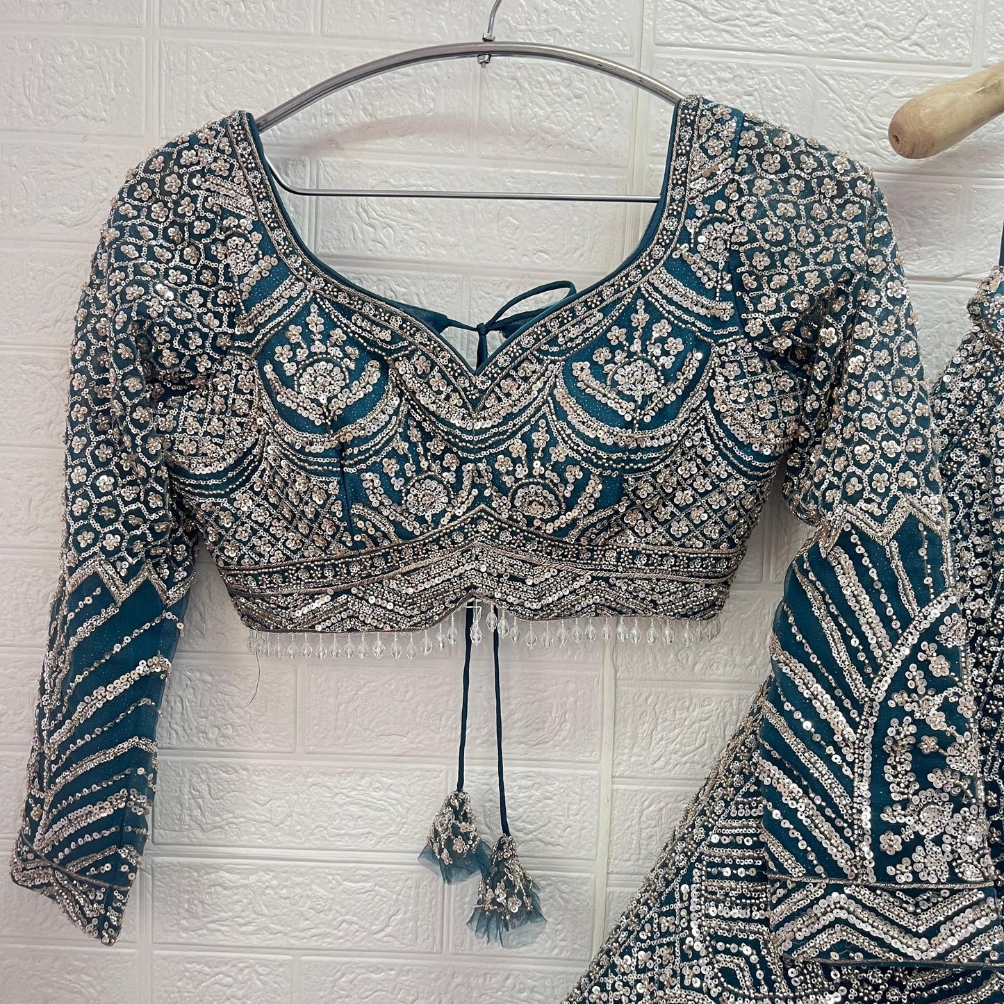 Embellished Beige golden Sky blue Baby pink Ready to wear Crop Top Lehenga