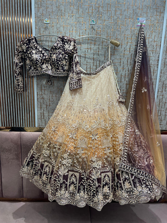 Lavishing Light peach golden purple Double Shade Crop top Lehenga