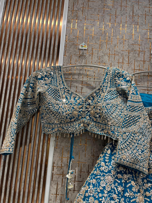 Delightful Sky blue crop Top Ready To Wear Lehenga