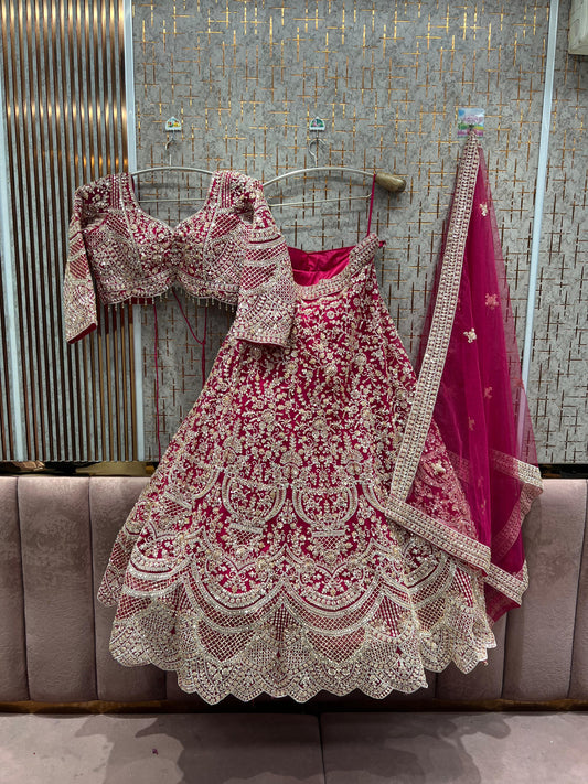 Engaging Hot pink yellow crop Top Ready To Wear Lehenga