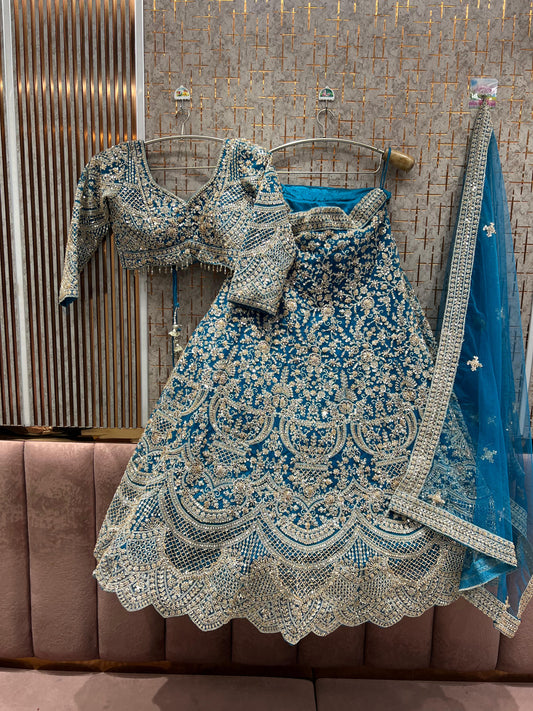 Delightful Sky blue crop Top Ready To Wear Lehenga