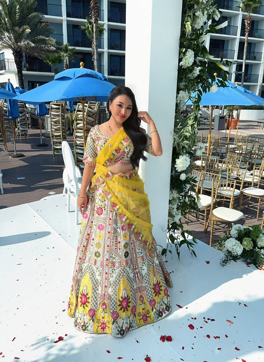 Fantastic yellow Floral Crop top Lehenga