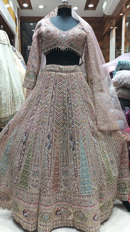 Something different baby pink peacock crop top Lehenga