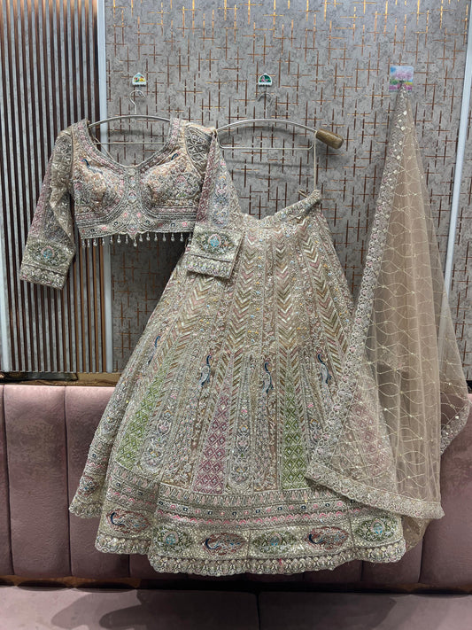 Embellished light peach peacock crop top Lehenga