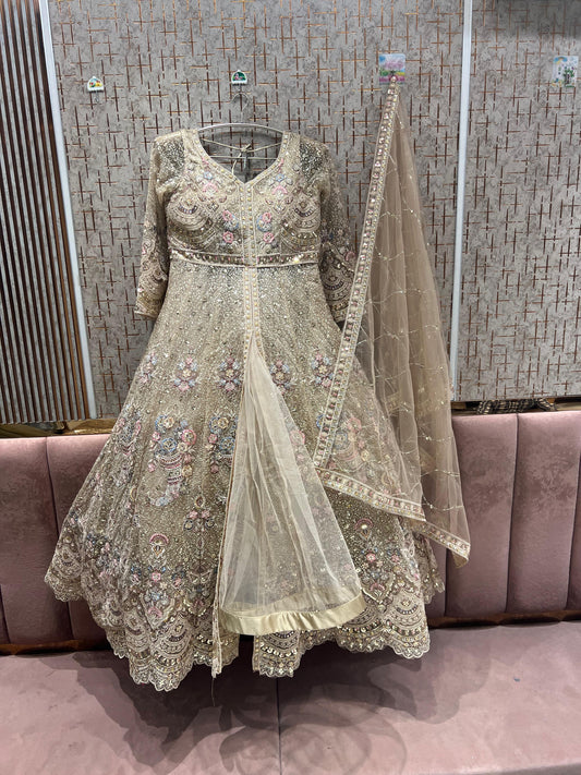 Pleasing golden peplum Dress Lehenga