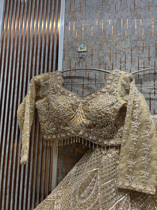 Fantastic Beige golden Crop Top Lehenga