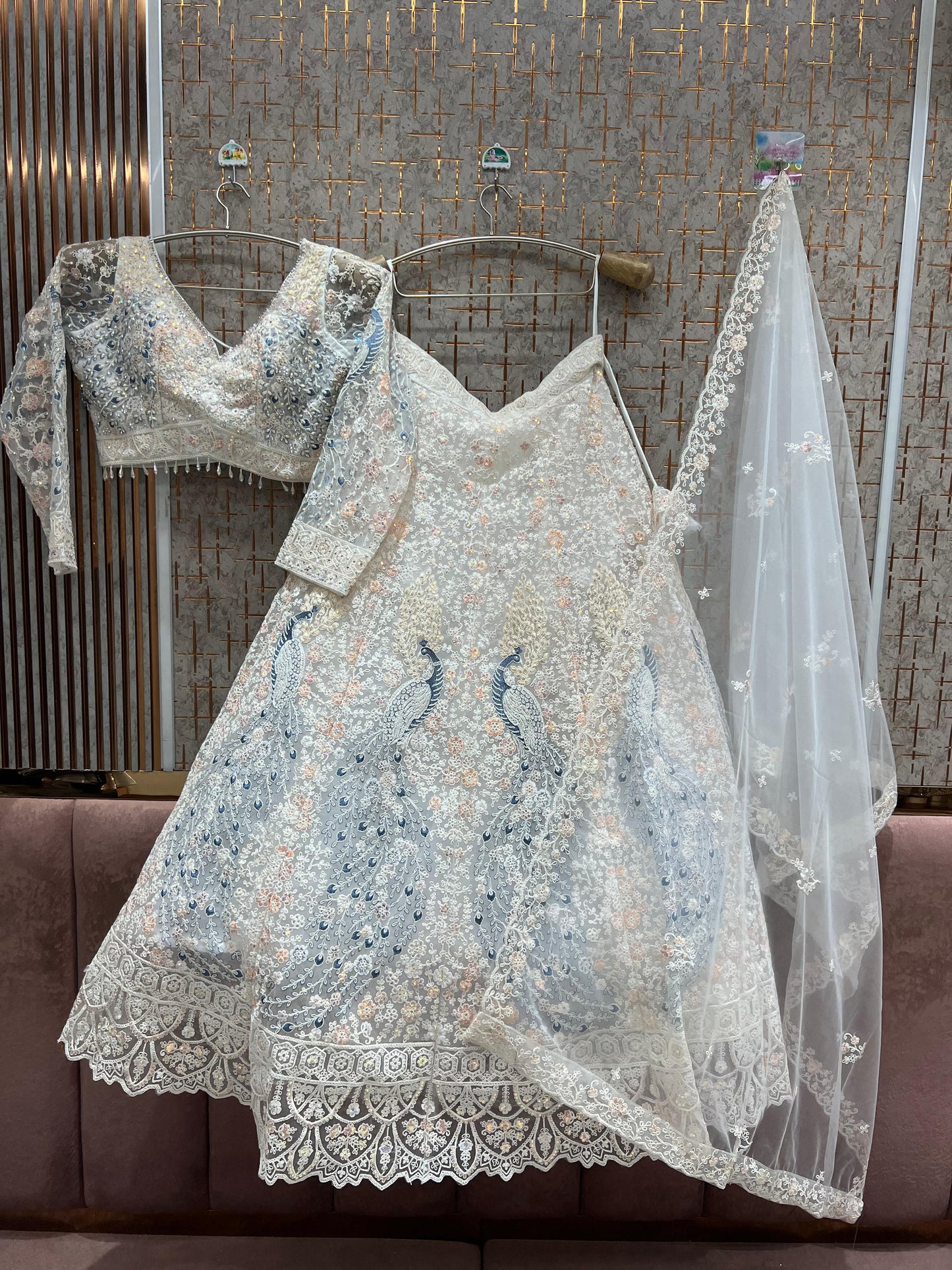 Astonishing peacock White Ready to wear Crop Top Lehenga