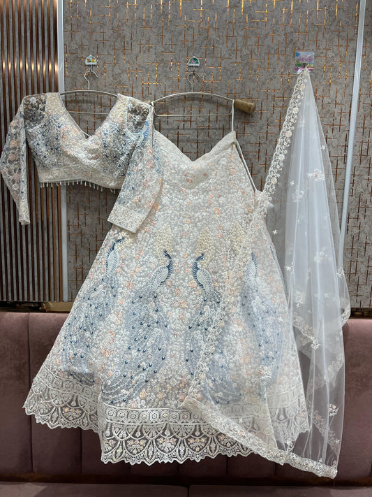 Astonishing peacock White Ready to wear Crop Top Lehenga