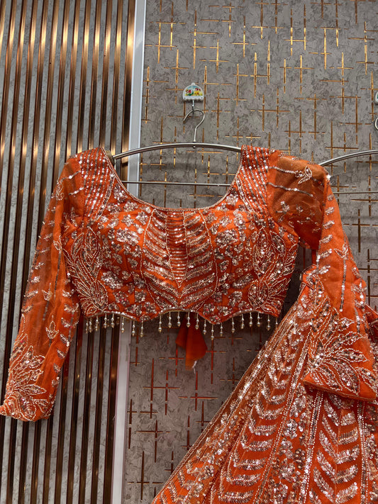Attractive Orange Ready to Wear crop top Lehenga