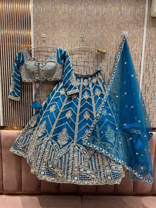 Embellished Sky blue Ready to Wear crop top Lehenga