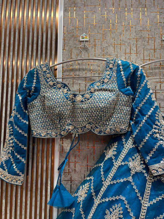 Embellished Sky blue Ready to Wear crop top Lehenga