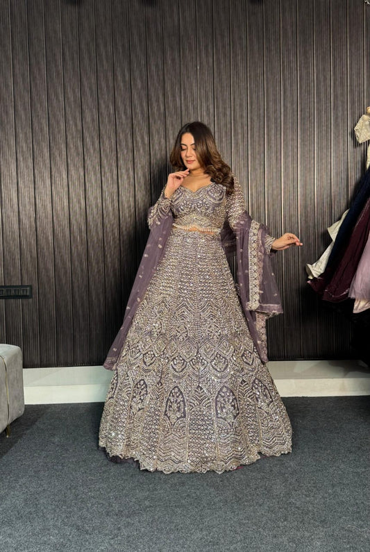 Engaging purple Lavender Ready to wear Crop Top Lehenga happy customer