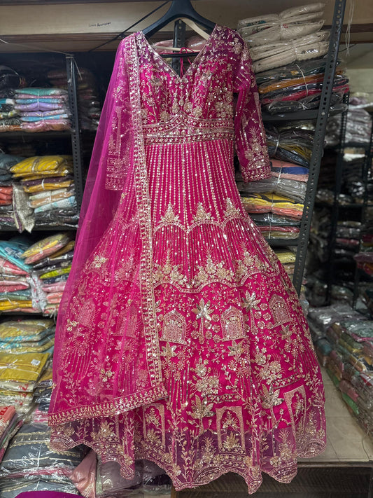 Attractive Hot pink mandir handwork gown