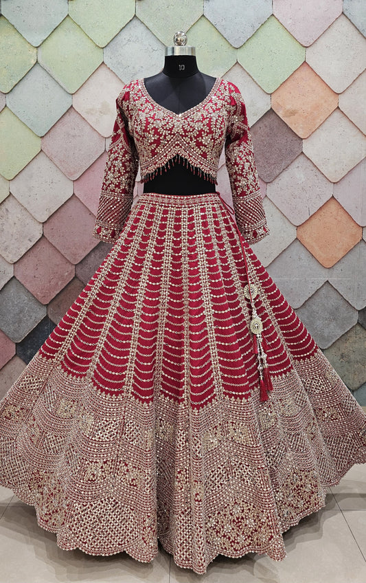 Red silk bridal lehenga beautiful silver kundan stone work with full flair heavy ghera, intricately work on front and back Full-sleeves blouse red Ready to Wear crop top