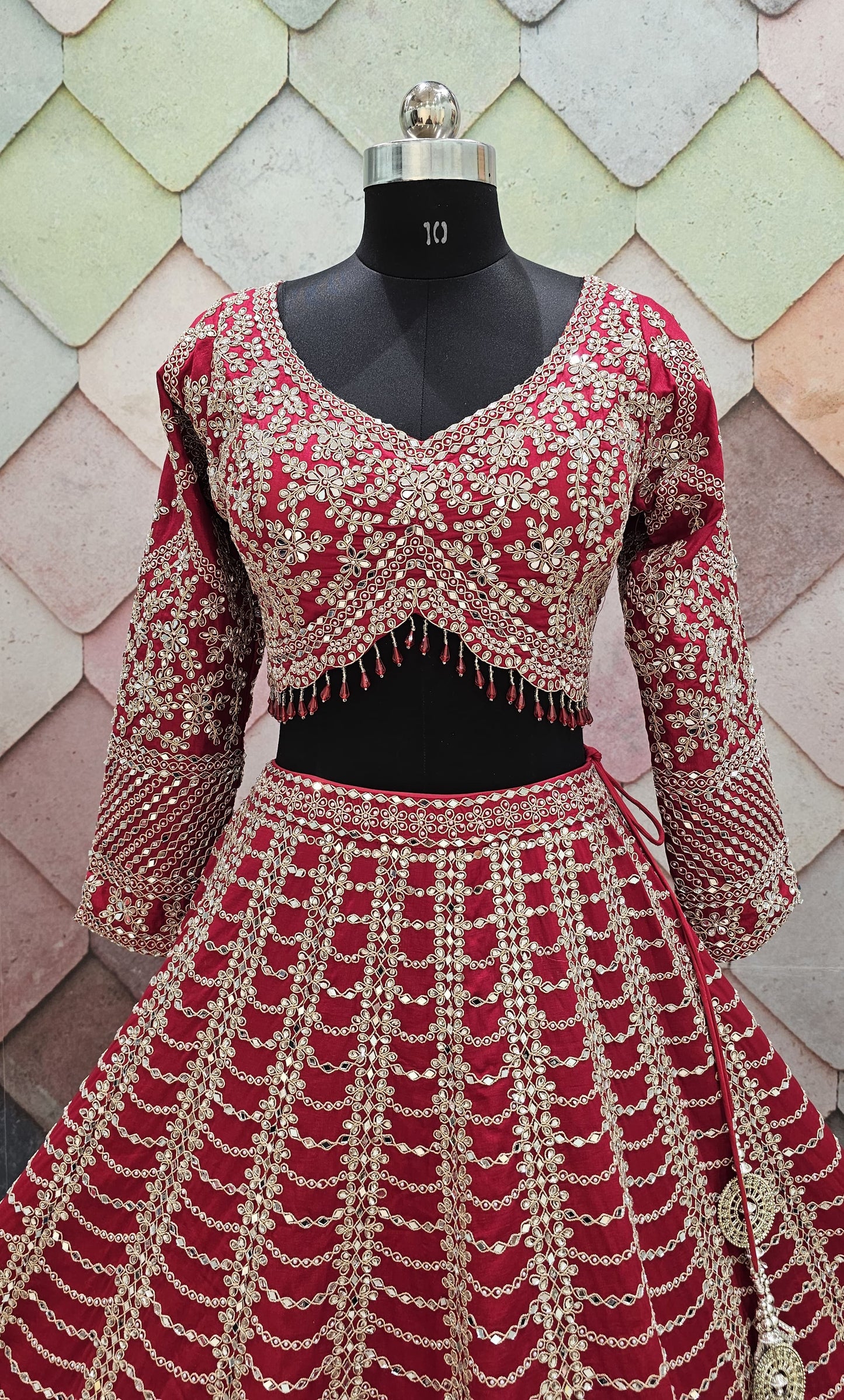 Red silk bridal lehenga beautiful silver kundan stone work with full flair heavy ghera, intricately work on front and back Full-sleeves blouse red Ready to Wear crop top