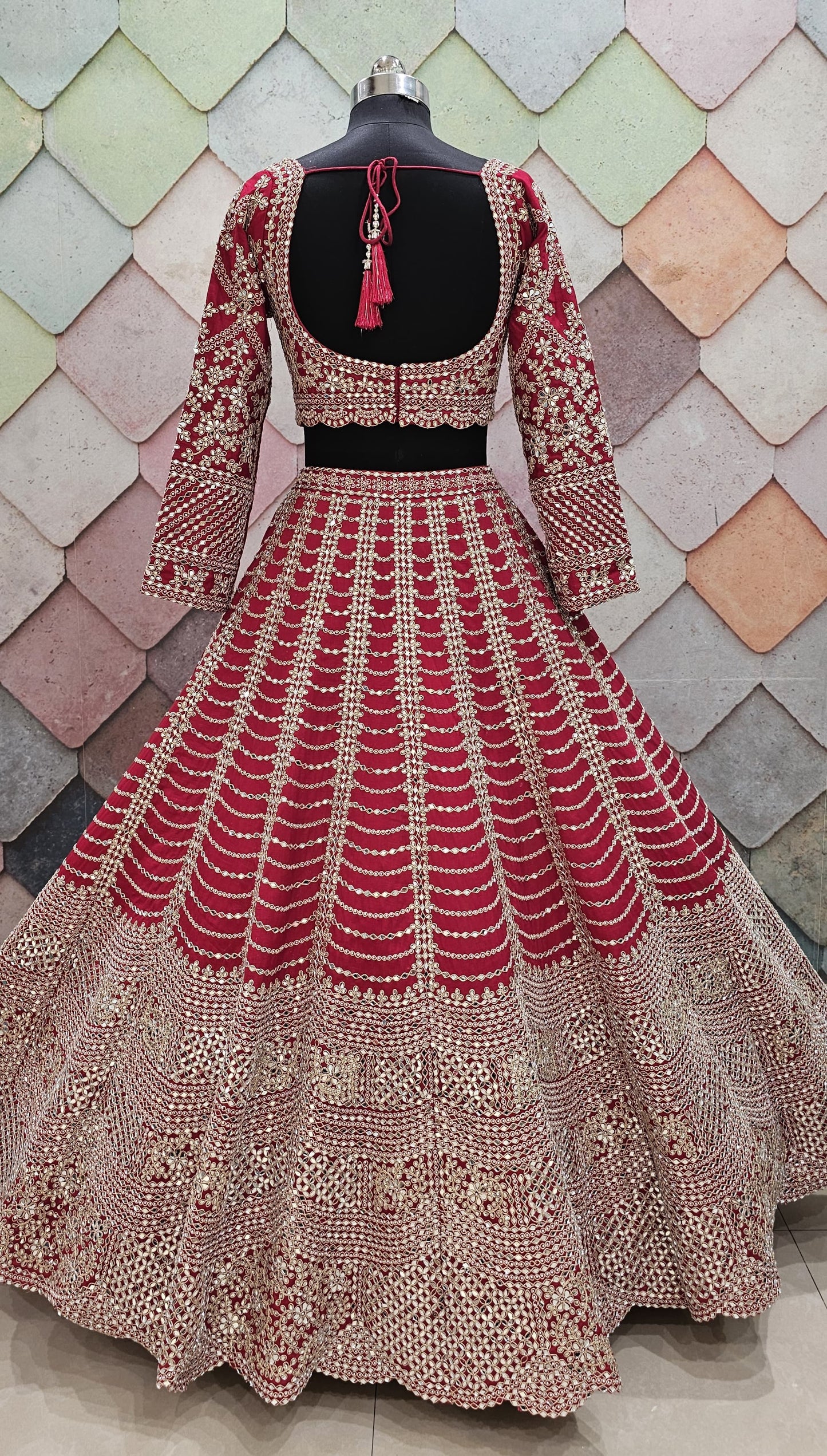 Red silk bridal lehenga beautiful silver kundan stone work with full flair heavy ghera, intricately work on front and back Full-sleeves blouse red Ready to Wear crop top