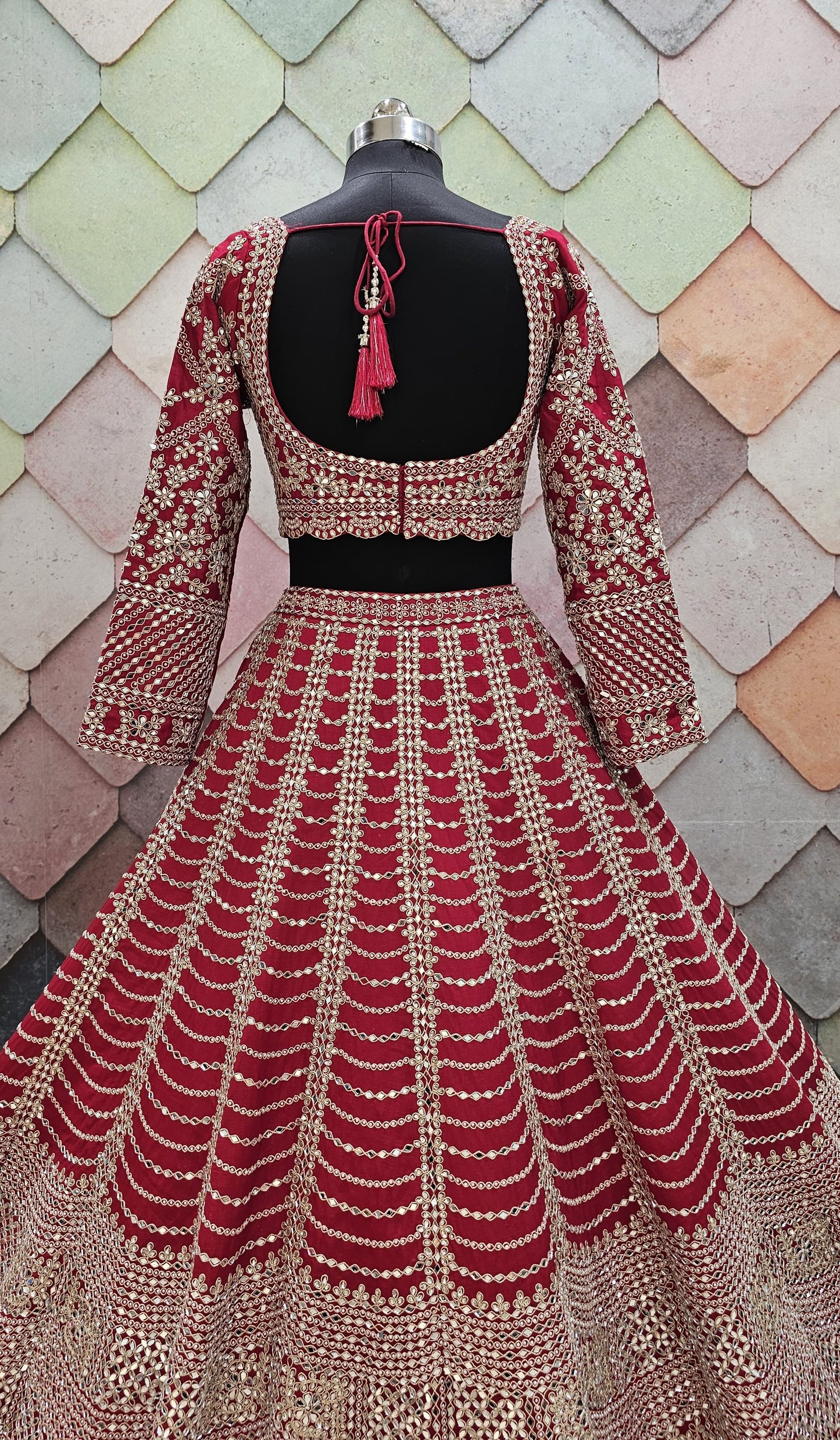 Red silk bridal lehenga beautiful silver kundan stone work with full flair heavy ghera, intricately work on front and back Full-sleeves blouse red Ready to Wear crop top