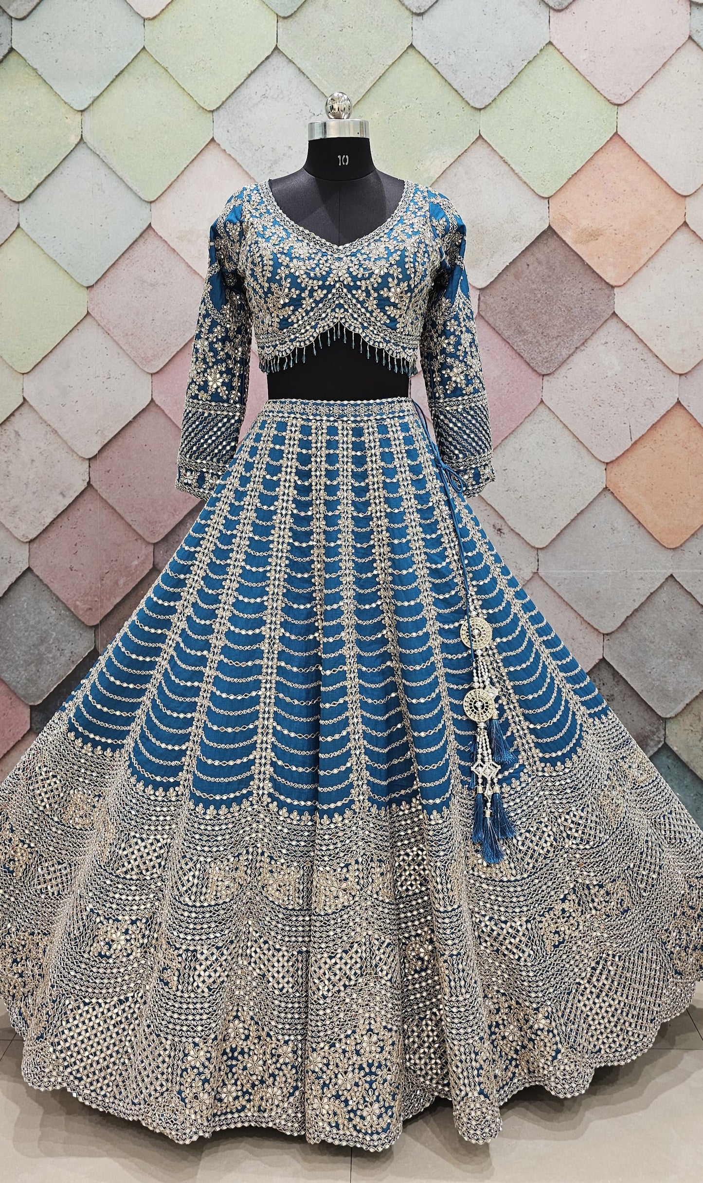 Red silk bridal lehenga beautiful silver kundan stone work with full flair heavy ghera, intricately work on front and back Full-sleeves blouse red Ready to Wear crop top