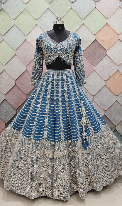 Red silk bridal lehenga beautiful silver kundan stone work with full flair heavy ghera, intricately work on front and back Full-sleeves blouse red Ready to Wear crop top