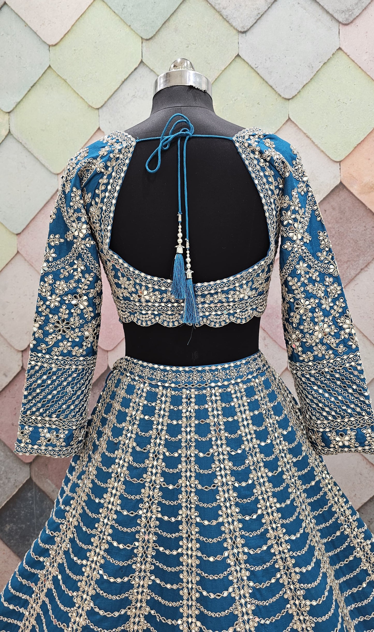 Red silk bridal lehenga beautiful silver kundan stone work with full flair heavy ghera, intricately work on front and back Full-sleeves blouse red Ready to Wear crop top