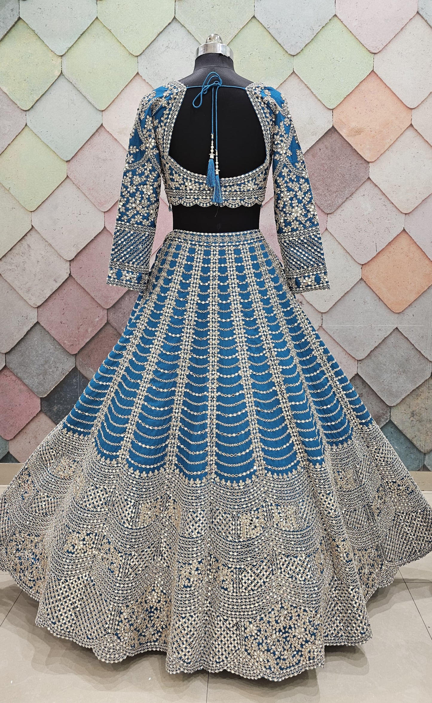 Red silk bridal lehenga beautiful silver kundan stone work with full flair heavy ghera, intricately work on front and back Full-sleeves blouse red Ready to Wear crop top