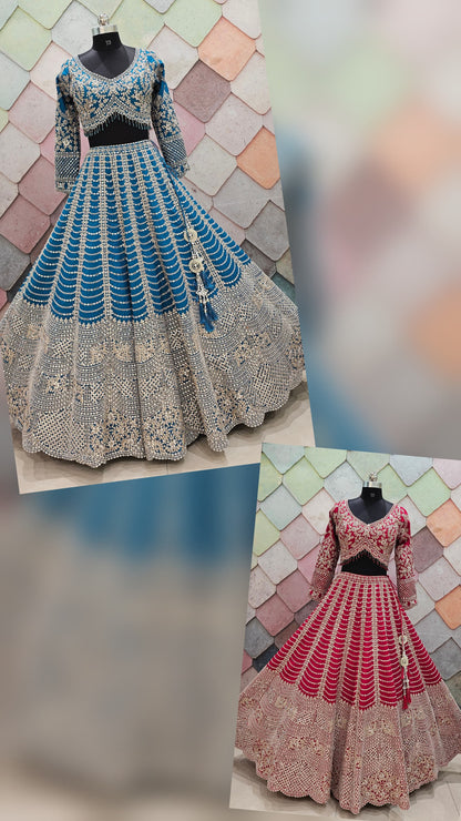 Red silk bridal lehenga beautiful silver kundan stone work with full flair heavy ghera, intricately work on front and back Full-sleeves blouse red Ready to Wear crop top