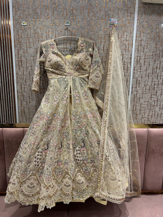 Pleasing golden peplum Dress Lehenga