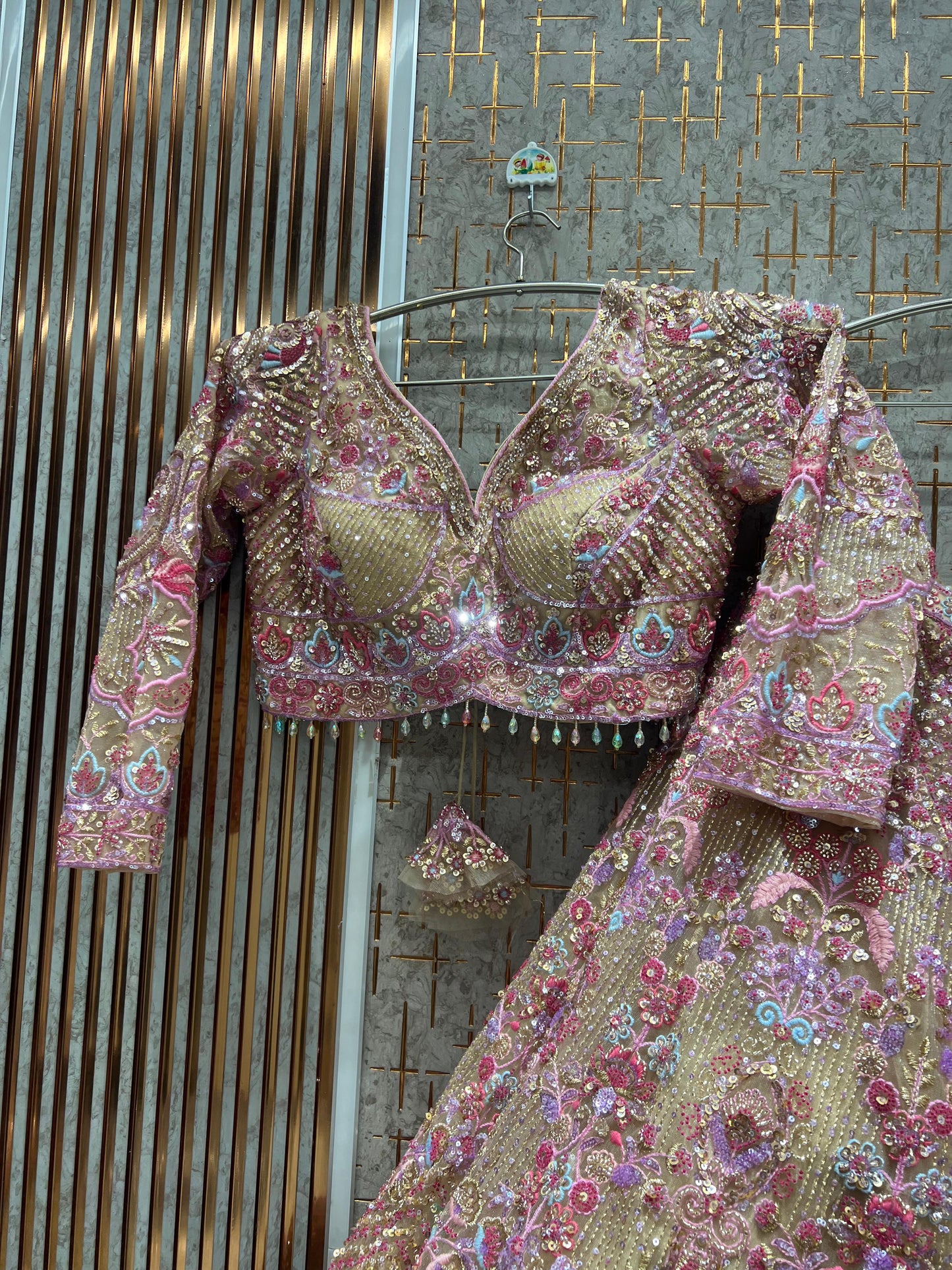 Delightful beige golden Ready to wear Crop Top Lehenga