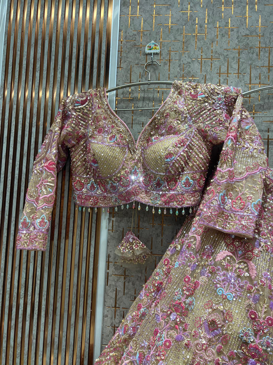 Delightful beige golden Ready to wear Crop Top Lehenga