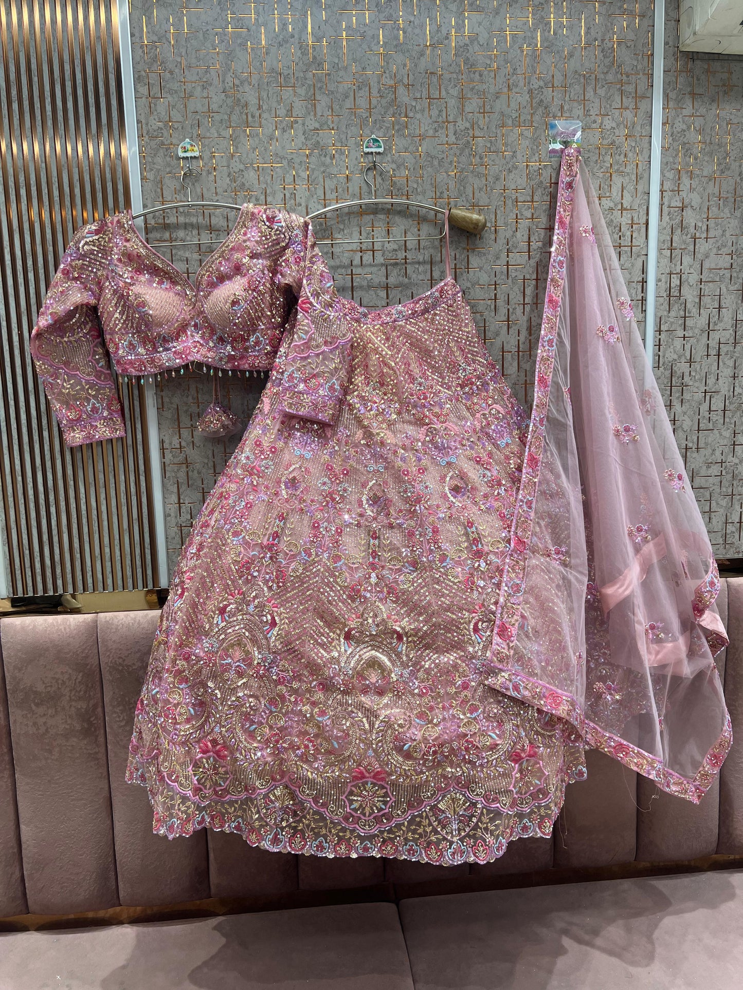 Delightful beige golden Ready to wear Crop Top Lehenga