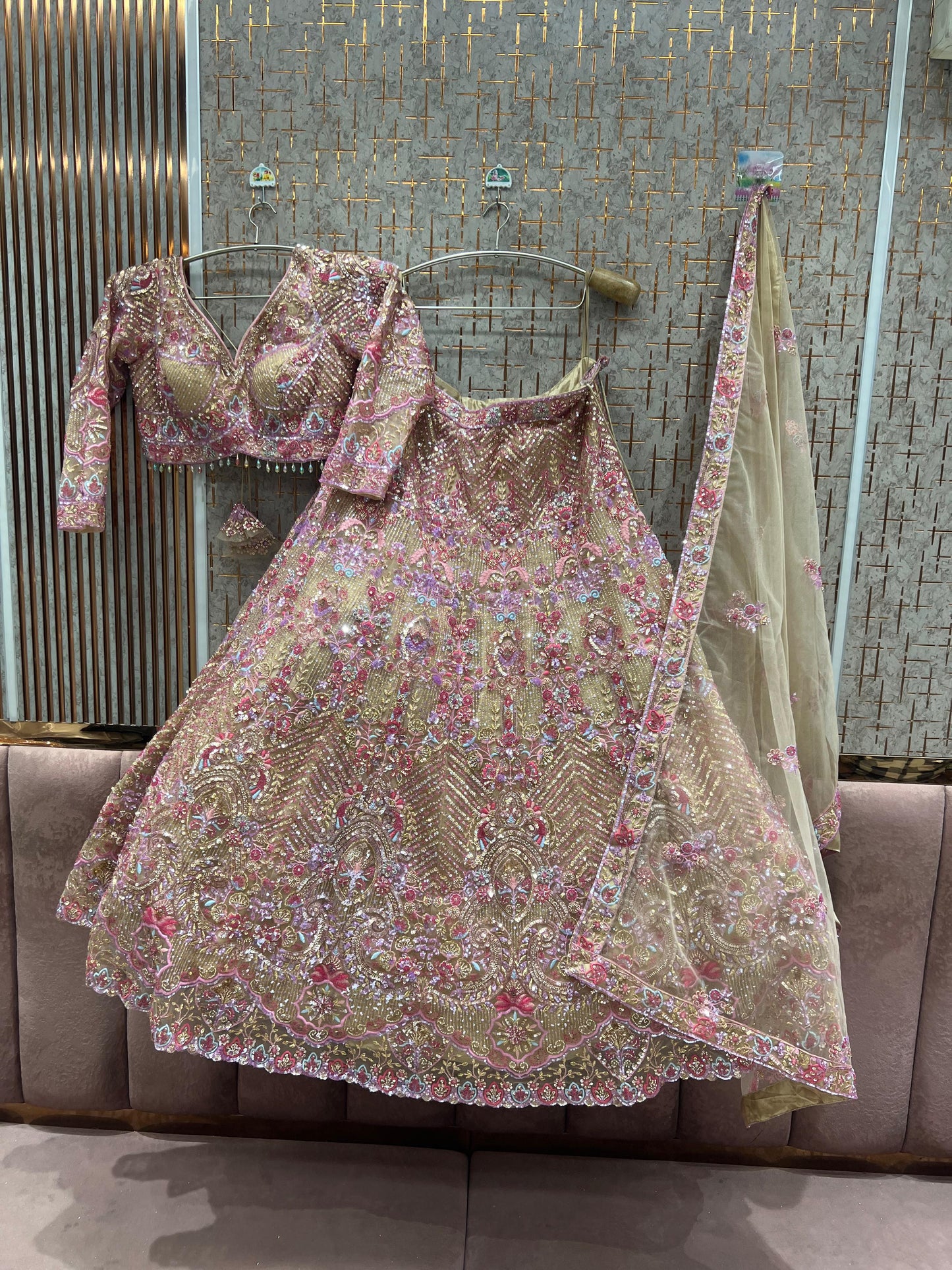 Delightful beige golden Ready to wear Crop Top Lehenga