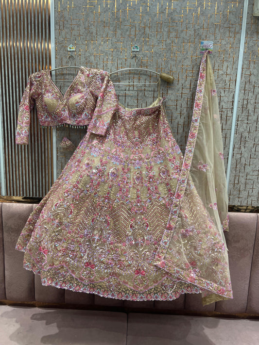 Delightful beige golden Ready to wear Crop Top Lehenga