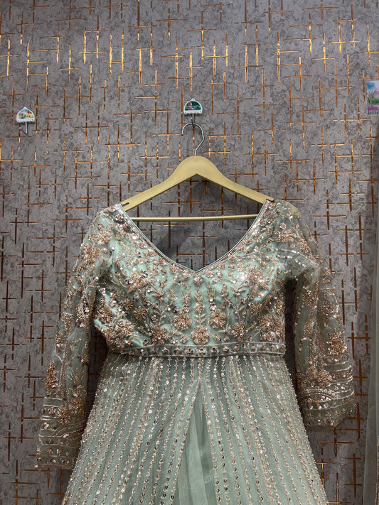 Fantastic light green Peplum long Dress Farshi Gaharara Dress Special