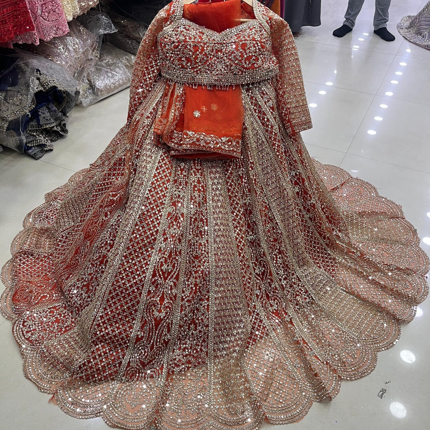 Beautiful Orange Mirror Work Ready to wear Crop Top Lehenga