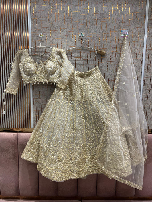 Gorgeous Beige golden Ready to wear Crop Top Lehenga